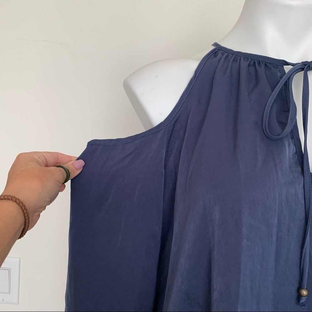 AQUA cold shoulder BLOUSE TOP satin silky blue SMALL long sleeve - Picture 5 of 13